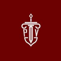 PV initial logo monogram design for legal lawyer vector image with sword and shield