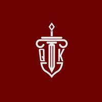 QK initial logo monogram design for legal lawyer vector image with sword and shield