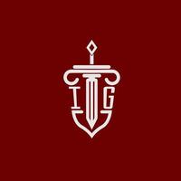 yo G inicial logo monograma diseño para legal abogado vector imagen con espada y proteger