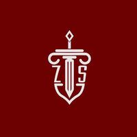 zs inicial logo monograma diseño para legal abogado vector imagen con espada y proteger