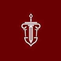 TT initial logo monogram design for legal lawyer vector image with sword and shield