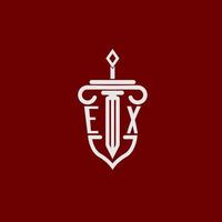 ex inicial logo monograma diseño para legal abogado vector imagen con espada y proteger