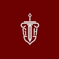 gh inicial logo monograma diseño para legal abogado vector imagen con espada y proteger
