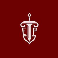 EP initial logo monogram design for legal lawyer vector image with sword and shield