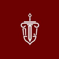 NJ initial logo monogram design for legal lawyer vector image with sword and shield