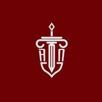 RN initial logo monogram design for legal lawyer vector image with sword and shield