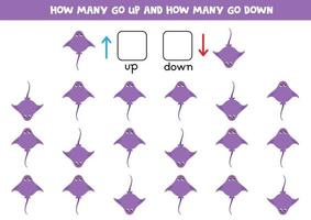 Up or down with cute cartoon stingray. Educational game to learn up and down. vector