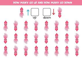 Up or down with cute cartoon squid. Educational game to learn up and down. vector