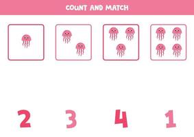 Counting game for kids. Count all cartoon jelly fish and match with numbers. Worksheet for children. vector