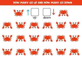 Up or down with cute cartoon red crab. Educational game for kids to learn directions. vector