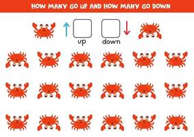 Up or down with cute cartoon red crab. Educational game for kids to learn directions. vector