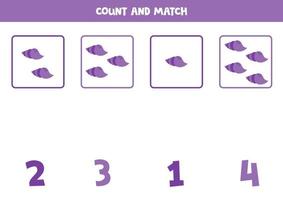 Counting game for kids. Count all purple sea shells and match with numbers. Worksheet for children. vector