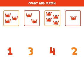 Counting game for kids. Count all cartoon crabs and match with numbers. Worksheet for children. vector