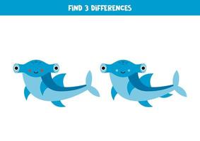 Find 3 differences between two cute hammerhead sharks. vector