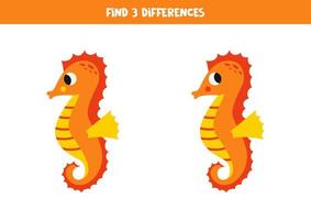 Find 3 differences between two cute seahorses. vector