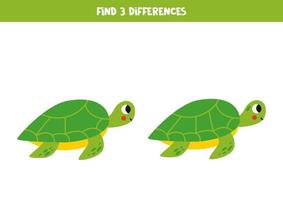 Find 3 differences between two cute green turtles. vector