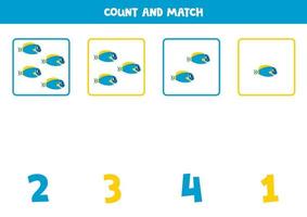 Counting game for kids. Count all cartoon powder blue tang fish and match with numbers. Worksheet for children. vector