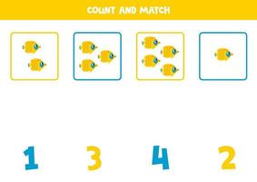 Counting game for kids. Count all cartoon butterfly fish and match with numbers. Worksheet for children. vector