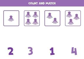 Counting game for kids. Count all octopuses and match with numbers. Worksheet for children. vector