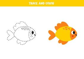 Trace and color cartoon cute yellow fish. Worksheet for children. vector