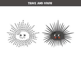 Trace and color cartoon cute cartoon sea urchin. Worksheet for children. vector