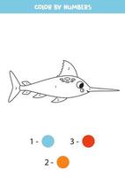 Color cute cartoon swordfish by numbers. Worksheet for kids. vector