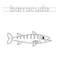 rastro el letras y color dibujos animados barracuda pez. escritura práctica para niños. vector