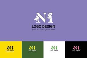 NI letters eco logo with green leaf. Ecology letter logo. Vector typeface for nature posters, eco friendly emblem, vegan identity, herbal and botanical cards etc.