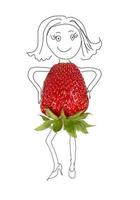 A photograph of a Strawberry and a woman drawn in black ink. photo