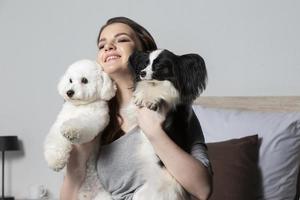 Happy girl holding cute bichon and papillon dogs. photo