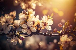 Spring blossom background. Nature scene with blooming tree and sun flare. Spring flowers. Beautiful orchard Photography
