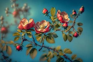 Beautiful spring border, blooming rose bush on a blue background. Flowering rose hips against the blue sky photo