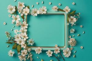 hermosa primavera naturaleza antecedentes con encantador florecer, pétalo un en turquesa azul antecedentes marco foto