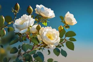 White bush roses on a background of blue sky in the sunlight. Beautiful spring or summer floral background photo
