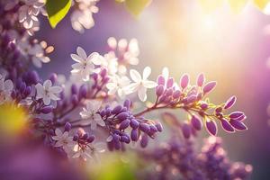 Lilac flowers spring blossom, sunny day light bokeh background photo