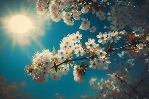 fotos primavera floreciente - blanco flores y luz de sol en el cielo, fotografía