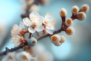 Photos Beautiful floral spring abstract background of nature. Branches of blossoming apricot macro with soft focus on gentle light blue sky background