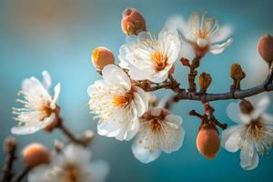 Photos Beautiful floral spring abstract background of nature. Branches of blossoming apricot macro with soft focus on gentle light blue sky background