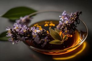 Homemade and tasty fried lilac flower in sunflower oil photography photo