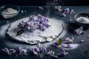 Preparation for fried lilac flower with powdered sugar. Sweet dessert photography photo