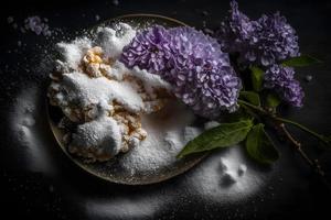 hecho en casa y sabroso frito lila flor con en polvo azúcar comida fotografía foto