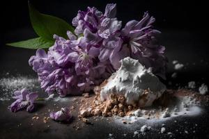 hecho en casa y sabroso frito lila flor con en polvo azúcar comida fotografía foto