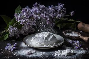 preparación para frito lila flor con en polvo azúcar. dulce postre fotografía foto
