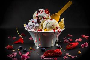 Cold and spicy ice cream with chilli and berries photography photo