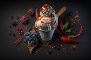 Cold and spicy ice cream with chilli and berries photography photo