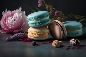 Sweet and beautiful macaroons of flower flavour. Flower flavour dessert food photography