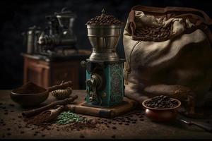 Arábica café frijoles en bolso y amoladora con suelo café bebida fotografía foto
