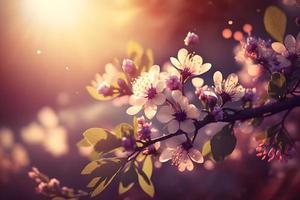 Spring blossom background. Nature scene with blooming tree and sun flare. Spring flowers. Beautiful orchard Photography