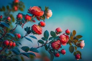 Beautiful spring border, blooming rose bush on a blue background. Flowering rose hips against the blue sky photo