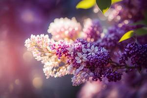 lila flores primavera florecer, soleado día ligero bokeh antecedentes foto